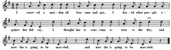9. "The False Lover", tune and text from Sabine Baring-Gould & Henry Fleetwood Shepard, Songs And Ballads Of The West: A Collection Made From The Mouths Of The People, London 1891, p. 206-7 ,  corrected after the original version in Baring-Gould's manuscripts, here  SBG/3/1/476, available online at the Take Six Homepage of the EFDSS