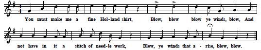 20. "Blow, ye Winds, Blow", from Medfield, Mass., first printed in Rosa S.Allen, Family Songs, 1899; here from Barry 1905, p. 49 & 212