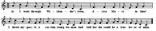 29. "As I went throuh Wichander's town...", as sung by Mrs. James York, Olin, North Carolina, tune from Brown IV, No.1A, p.3, text from Brown II, No. 1A, p. 1