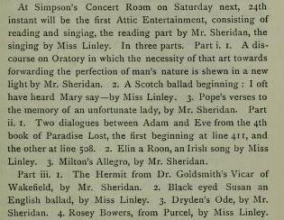 5. Program of T. Sheridan's first "Attic Entertainmant", 24.11.1770, from: Proceedings Of The Bath Natural History And Antiquarian Field Club, Vol. X, Bath 1905, p. 135