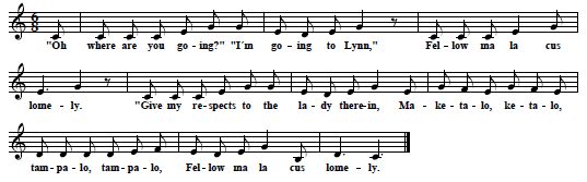 26. "Where AreYou Going, I'm Going To Lynn", from Flanders 1960, 2C, pp. 59-61, "contributed by Ola Leonard Gray (Mrs Ivan Gray), East Calais, Vermont. Sung by Mrs Gray, her mother and her grandmother"