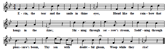 15. "Erin, The Tear And The Smile In Thine Eyes", text & tune from: A Selection of Irish Melodies, with Symphonies and Accompaniments by Sir John Stevenson, Mus. Doc, and Characteristic words by Thomas Moore, Esq, Dublin, n. d. [1807],  p. 12