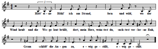 53.  "Hätt' Eine Höhl' Ich Am Strand" , text (first verse only) & tune in: C. P. G. Grädener, Herbstklänge. 7 Lieder für eine tiefe Stimme mit Begleitung des Pianoforte, Op. 18, Winterthur [1857], No. 2, p. 4