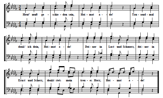 56. "Heimat, Ade!", text (first verse only) & tune from: Neue Volksgesänge für den Männerchor. Liederbuch für Schulen und Vereine. Herausgegeben unter Mitwirkung deutscher und schweizerischer Tonsetzer von Ignaz Heim. Erstes Bändchen. Neunte Stereotypauflage, Zürich, n. d. [1880s?; first published c. 1865],  No. 18, pp. 41-2