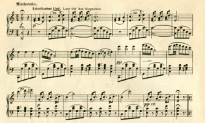 73. "Schottisches Lied. Laut tön' das Siegeslied", in: A. Boieldieu, Die Weisse Dame, Potpourri für Pianoforte von Rich[ard] Tourbié, Otto Wernthal, Berlin n. d. [c. 1900], p. 14