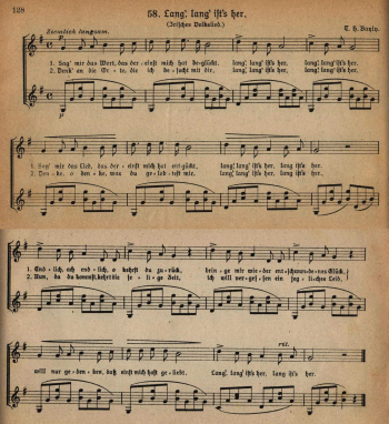 12. "Lang', lang' ist's her (Irisches Volkslied). T. H. Bayly", in:  100 Lieder zur Laute oder Gitarre, gesetzt von Carl Blume, P. J. Tonger, Köln, n. d. [before 1917/8] (= Tongers Taschen-Album Band 60), pp. 128-9