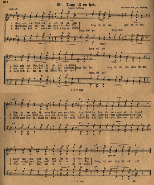 2. "Lang ist's her", in: Josef Schwartz, Männerchor-Album. 144 der beliebtesten Männerchöre (Tongers Taschenalbum XII), Köln, [1899], pp. 214-5