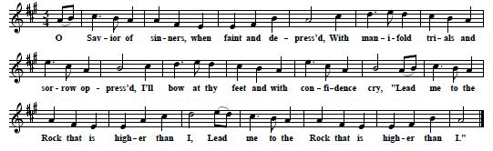 18. "Lead Me To The Rock", originally published in A. D. Merrill & W. C.Brown (ed.), The Wesleyan Harp, p. 162, here quoted from: George Pullen Jackson, Down-East Spirituals And others. Three Hundred Songs Supplementary to The Author's Spiritual Folk-Songs Of Early America, New York 1943 (reprint New York 1975), No. 76, p. 98