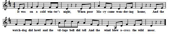 I: The melody of "When Poor Mary Came Wandering Home" from Carl Sandburg, American Songbag, 1927, p. 466 (original key F, here transposed to D)