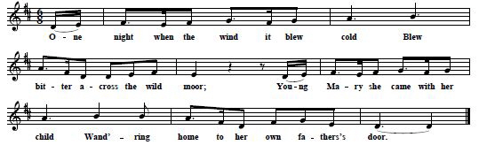 A: The melody of "Mary Of The Wild Moor" as published by J. Turner in 1845, original key Eb, here transposed to D.