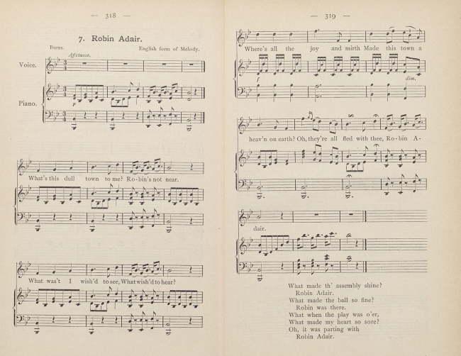 74. "Robin Adair" (tune & verses 1 & 2), in: Schmidt, Ferdinand, Lehrbuch der englischen Sprache auf Grundlage der Anschauung, 4. Auflage, Bielefeld & Leipzig 1899, p. 318-19