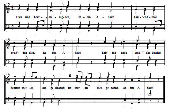 34. "Robin Adair", text (first verse only) & tune from: XII Volkslieder, gesammelt und für vier Männerstimmen gesetzt von Friedrich Silcher, Heft 4, Op. 18, Tübingen, n. d. [1834], Nr. 10, p. 9-10 