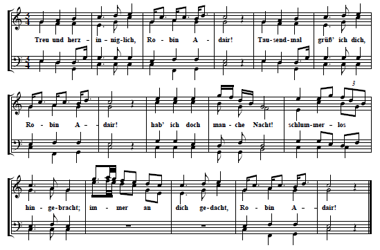 35. "Robin Adair", Version 2 ("Dieselbe Melodie, wie sie durch Boieldieu's La Dame Blanche sich nun gestaltet hat"), text (first verse only) & tune, from dto., Nr. 10, p. 10 