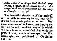 18. Review of sheet music: Robin Adair. A Simple Irish Ballad, by J. Mazzinghi, Goulding & Co. [1812], in: Monthly Magazine And British Register, Vol. 33, 1812, No. 224, March 1, p. 166