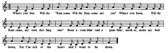 32. "Willie Ransome", from: The Frank C. Brown Collection of North Carolina Folklore, Volume 4: The Music of the Ballads, ed. by Jan Philip Schinhan, Durham 1957, No. 6C, p. 21-2